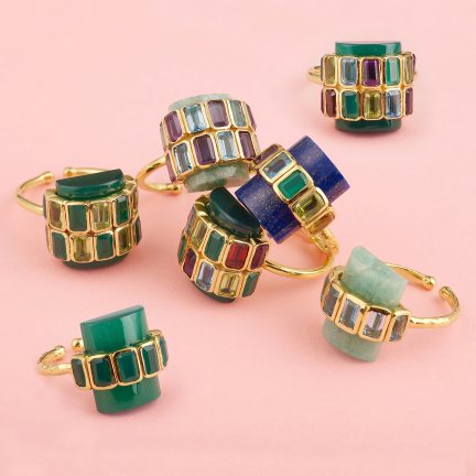 BAGUE SURYA 2 RANGS ONYX VERT ET PERIDOTS