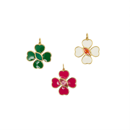 PENDENTIF TREFLE EMAIL ROSE FUSHIA ET CRISTAL ROSE