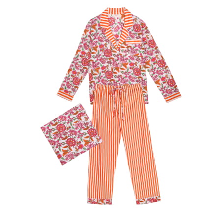 PYJAMA FLEURI BLANC/RAYURES ORANGES