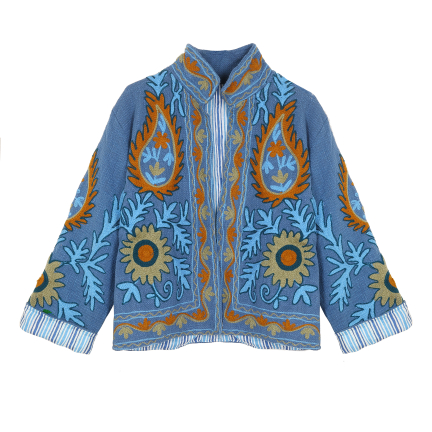 VESTE BRODEE FLOWERS BLEU/MOUTARDE