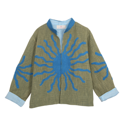 VESTE EN JUTE BRODEE KAKI SOLEIL BLEU