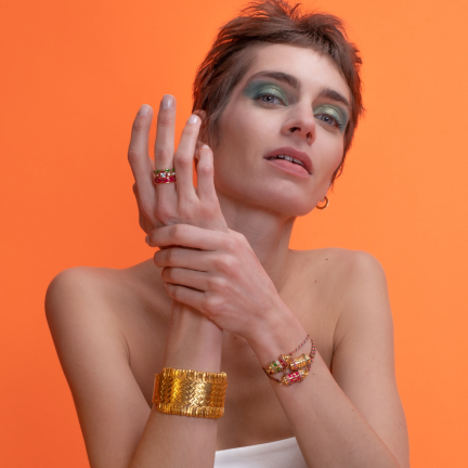 MOT DE PASSE bracelet (lien en soie rose, vert et or)