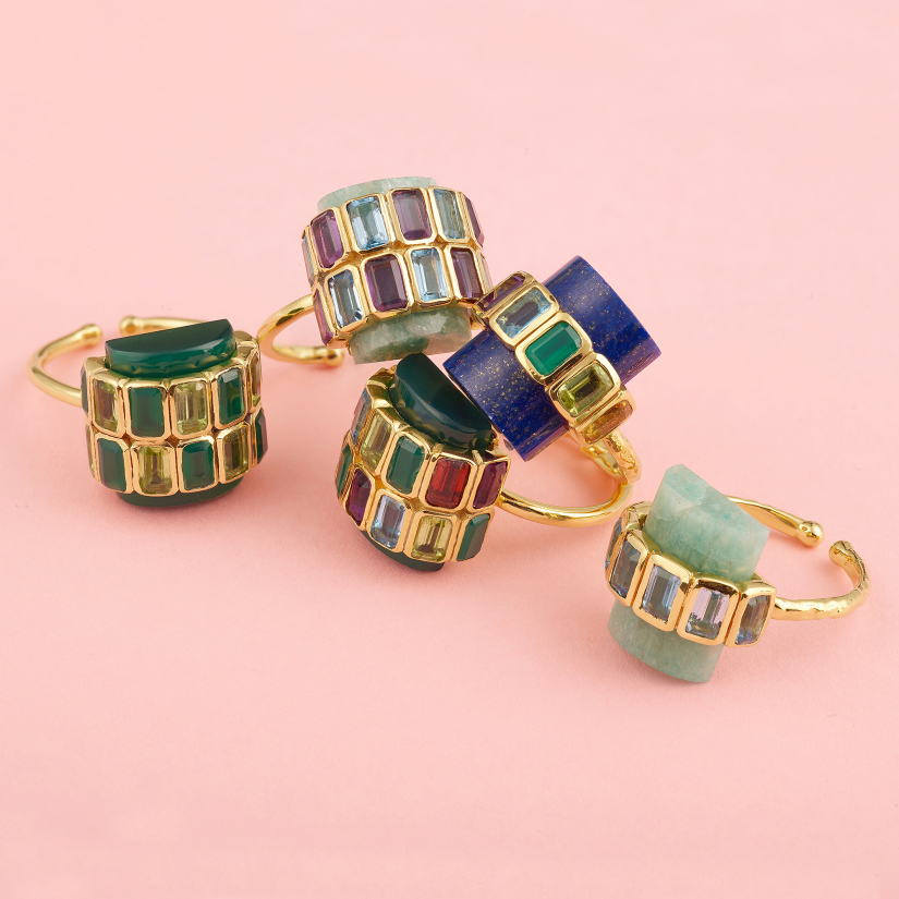 BAGUE SURYA 2 RANGS ONYX VERT ET PERIDOTS