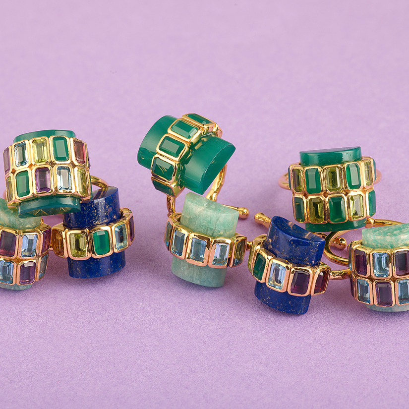 BAGUE SURYA 2 RANGS ONYX VERT ET PERIDOTS