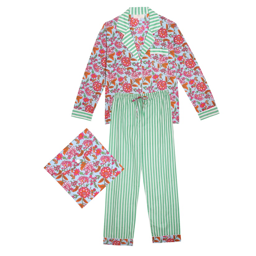 PYJAMA FLEURI BLEU/RAYURES VERTES