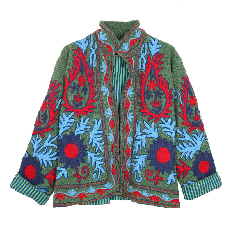 VESTE EN JUTE BRODEE FLOWERS KAKI ET ROUGE