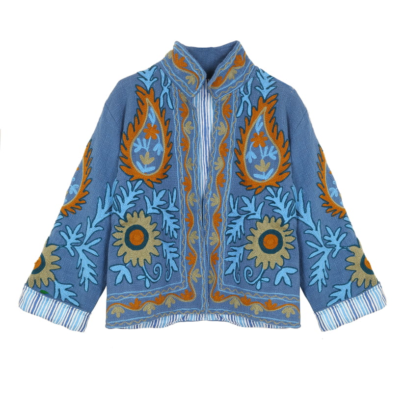 VESTE BRODEE FLOWERS BLEU/MOUTARDE