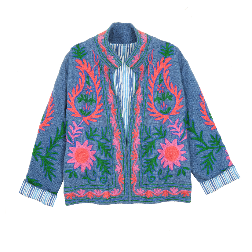 VESTE EN JUTE BRODEE FLOWERS ROSE