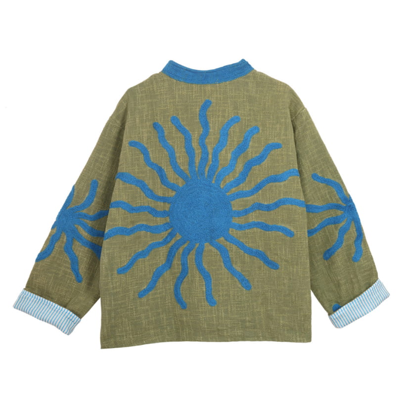 VESTE EN JUTE BRODEE KAKI SOLEIL BLEU