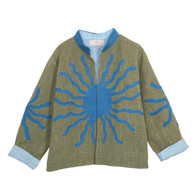 VESTE EN JUTE BRODEE KAKI SOLEIL BLEU