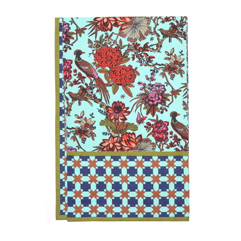Nappe OISEAUX/CROISILLONS fond turquoise