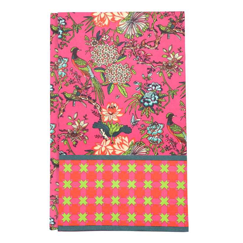 Nappe OISEAUX/CROISILLONS fond rose fuchsia