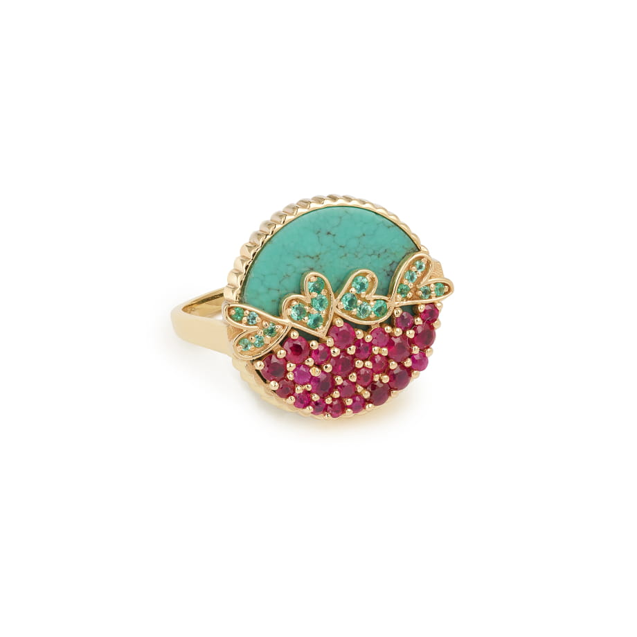 RING VAGUE D'AMOUR Turquoise et rubis roses